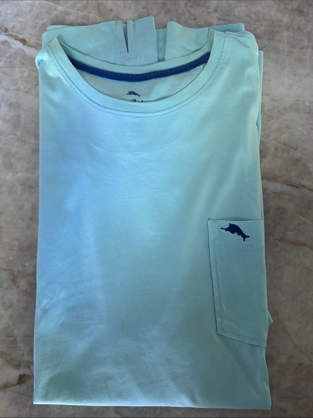 Tommy Bahama Light Aqua Short Sleeve Pocket Tee with Navy Dolphin Logo